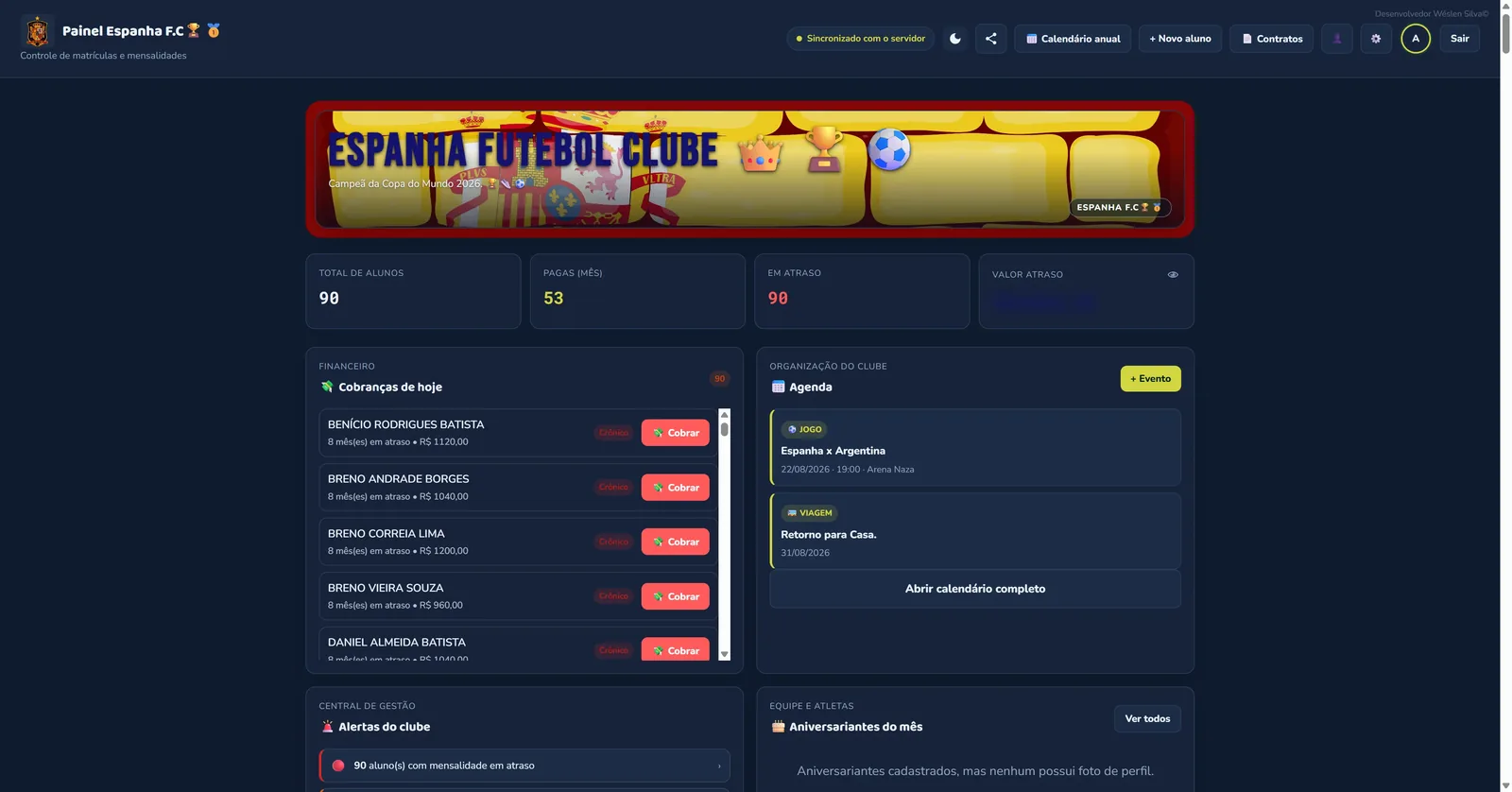 Dashboard do WSV Escola de Futebol com total de alunos, mensalidades pagas, atrasos, cobranças do dia e agenda do clube