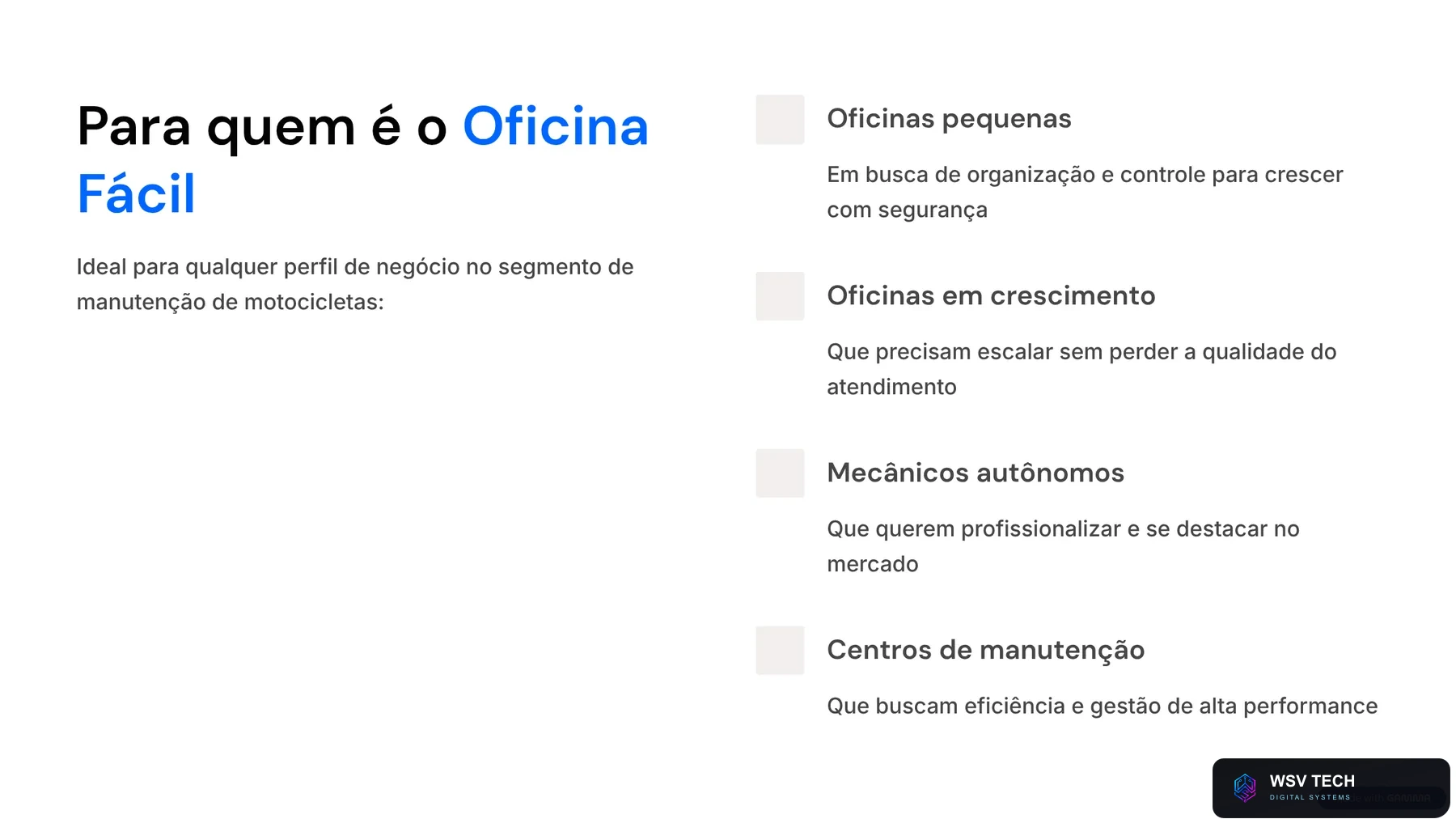 Para quem é o Oficina Fácil: oficinas pequenas, oficinas em crescimento, mecânicos autônomos e centros de manutenção