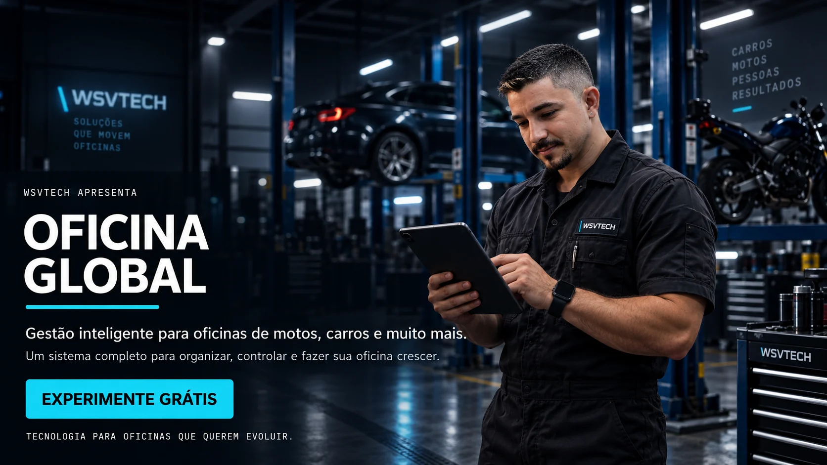 Campanha Oficina Global: profissional com tablet em uma oficina automotiva.